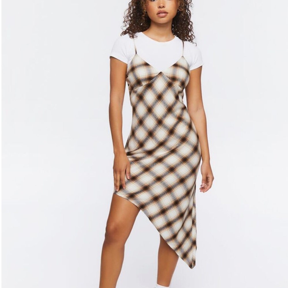 Never Worn- Plaid asymmetric slip dress
